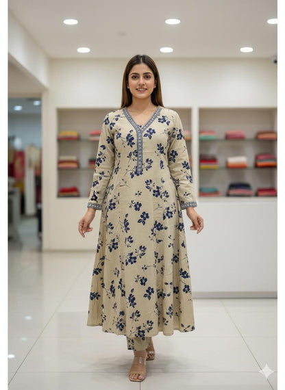 Soft Beige Floral Kurti Set