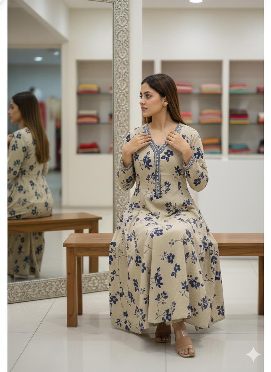 Soft Beige Floral Kurti Set