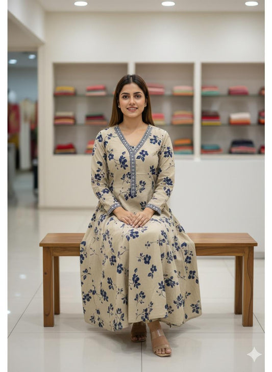 Soft Beige Floral Kurti Set